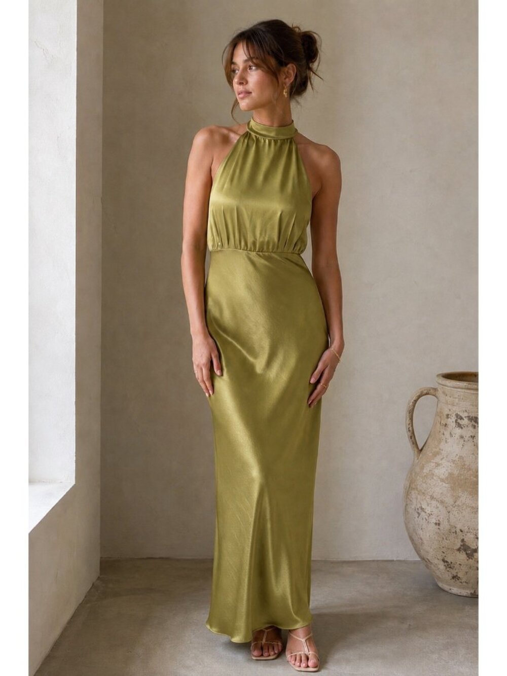 Lulus Sevinia Maxi Dress Sz Medium Olive Green Satin Mock Neck Formal Gala Gown
